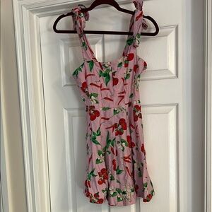Zara dress. Adjustable tie shoulders. Side zipper. Pink with cherries. XS